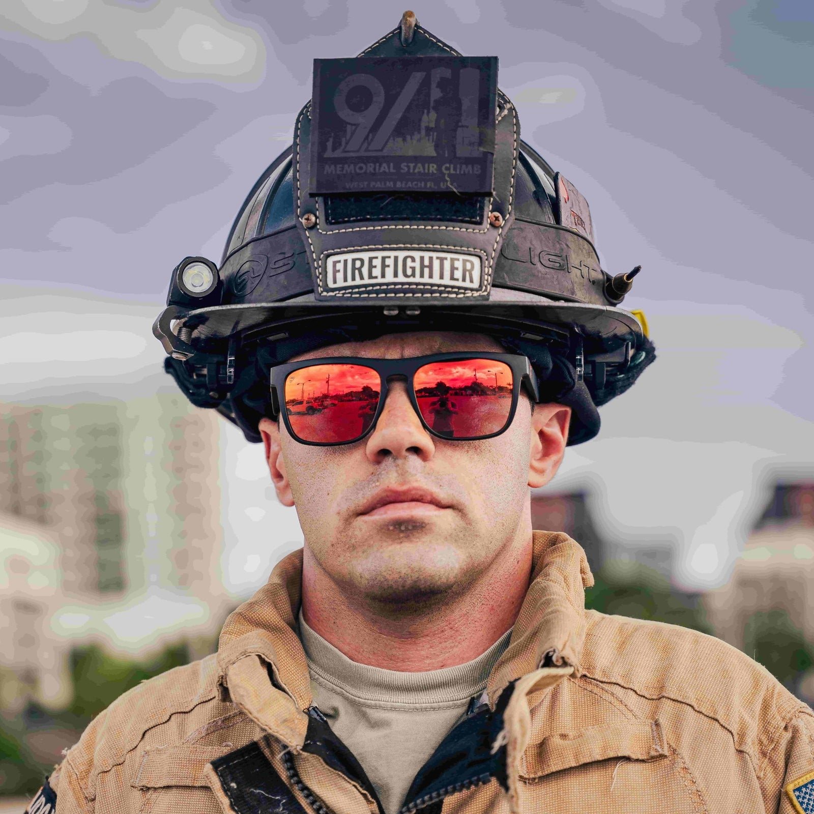 Firefighter wearing Frontline Optics Pomona Crimson sunglasses